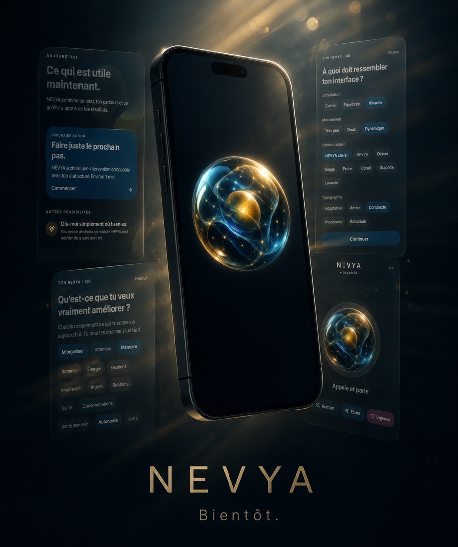 Aperçu illustré de l’application NEVYA sur iPhone avec les écrans Aujourd’hui, personnalisation et conversation